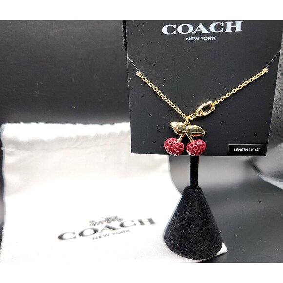 COACH Crystal Pavé Cherry Charm Pendant Necklace Gold - NWT - Picture 1 of 8